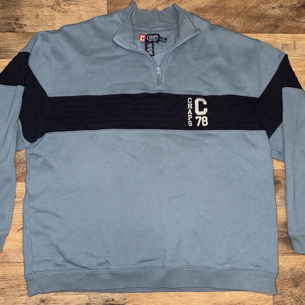 Vtg Chaps Blue Navy Spell Out Pullover 1/4 Zip Sweatshirt C 78 Size XXL Y2K